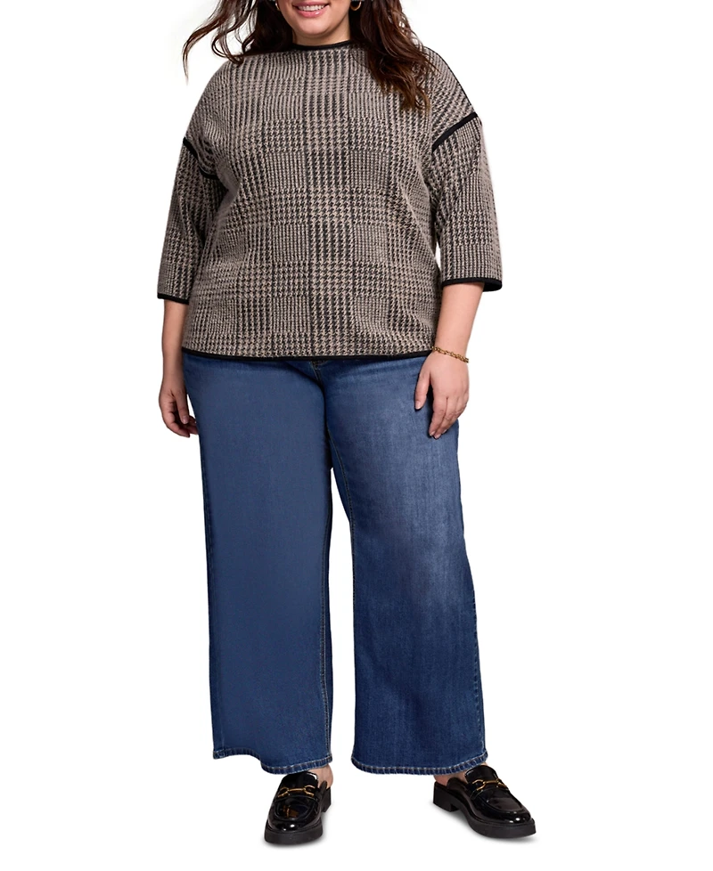 Tribal Plus Size 3/4 Sleeve Mock Neck Jacquard Plaid Top
