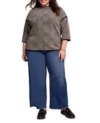 Tribal Plus Size 3/4 Sleeve Mock Neck Jacquard Plaid Top