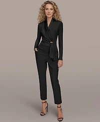 Donna Karan New York Women's Long Sleeves Drape Neck Bar Hardware Top