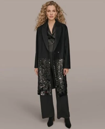 Donna Karan New York Womens Sequin Embellished Coat Satin Top Wide Leg Pants