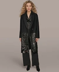 Donna Karan New York Womens Sequin Embellished Coat Satin Top Wide Leg Pants