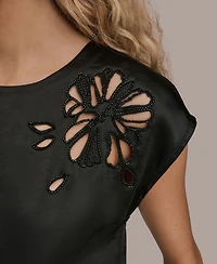 Donna Karan New York Women's Embroidered Cap Sleeve Crewneck Top