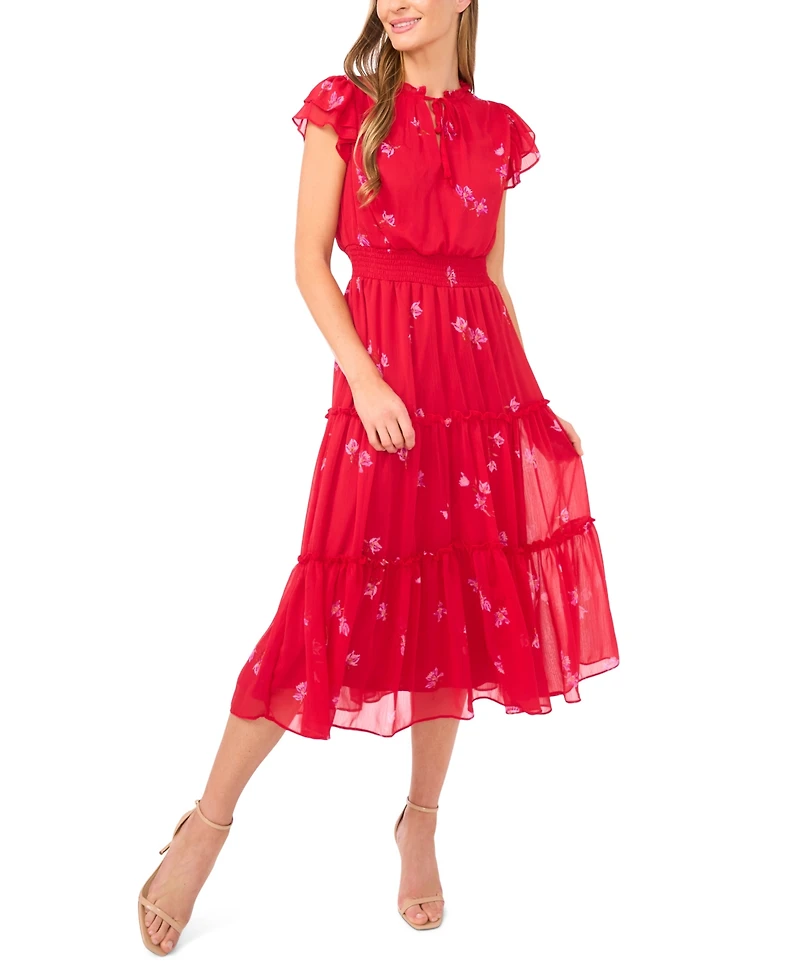 CeCe Women's Flutter Sleeve Smocked Tiered Midi Dress