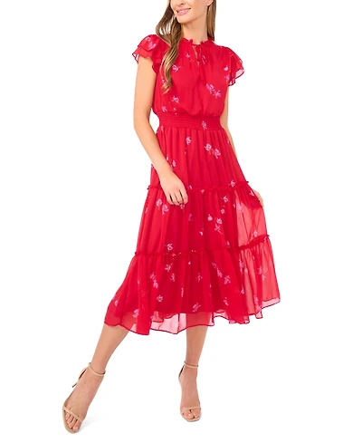 CeCe Women's Flutter Sleeve Smocked Tiered Midi Dress