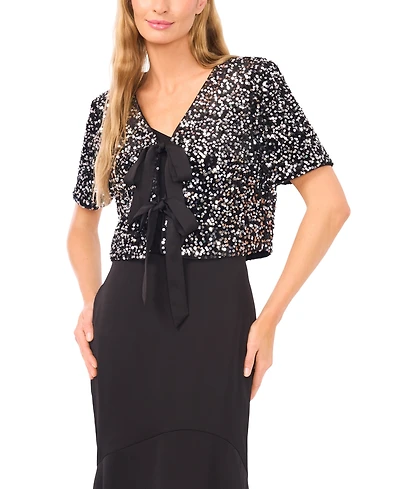CeCe Women's Cropped Velvet Sequin Short Sleeve Top