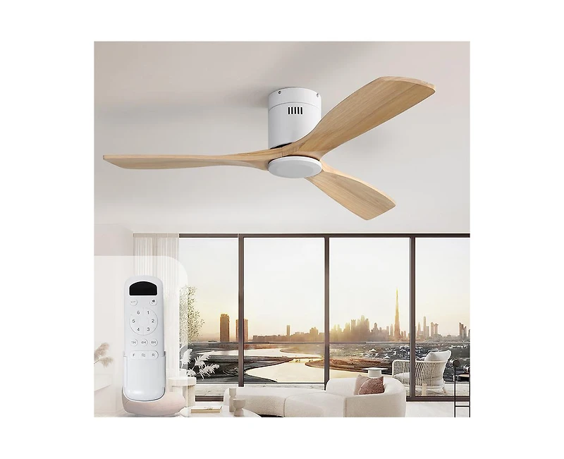 52-inch Modern White 3 Solid Wood Blade Ceiling Fan with 6-speed Remote Control and Forward Reverse Rotation Function for Indoor