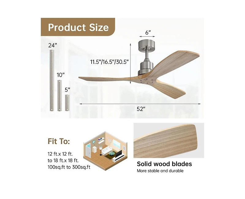 52-inch Modern Sand Nickel 3 Blades Walnut Ceiling Fan with 6 Speed Remote control and Timing and Forward Reverse Rotation Function for Indoor