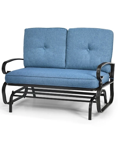 Gymax Patio Swing Glider Chair Rocking Loveseat Bench for 2 Persons with Blue Cushions