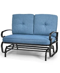 Gymax Patio Swing Glider Chair Rocking Loveseat Bench for 2 Persons with Blue Cushions