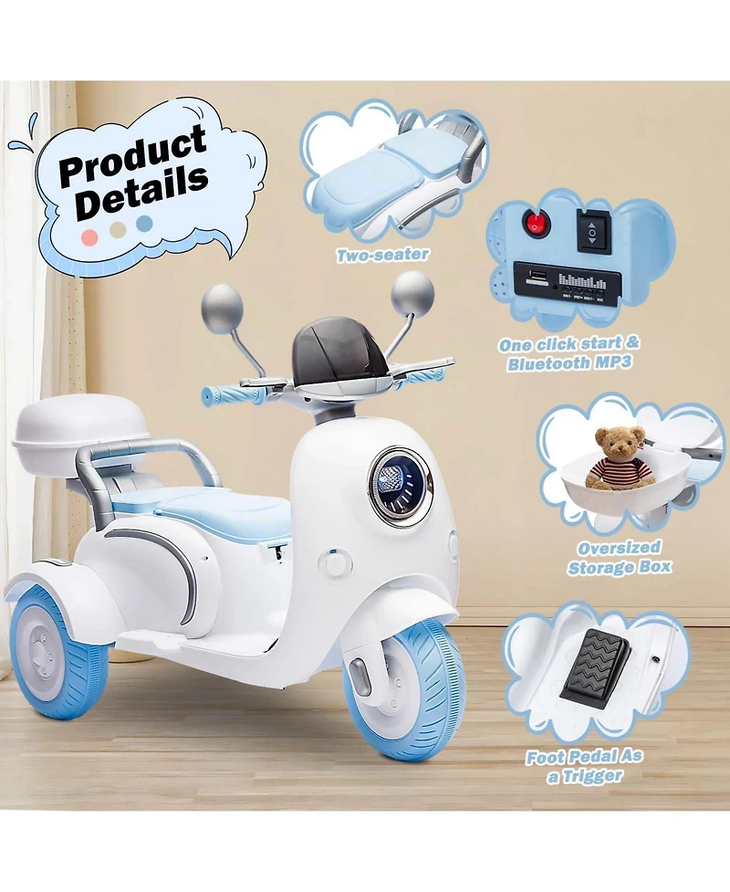 12V Kids Electric Motorcycle, 2 Seater 3 Wheel Ride On Motorcycle with Led Lights Battery Powered Electric Ride On Toy for Boys Girls Birthday Gift