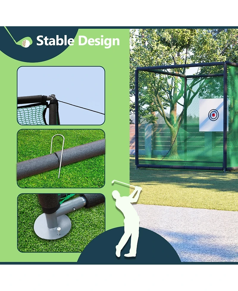 10x10x10FT Golf Practice Net Cage with Metal Frame, Backyard Golf Hitting Net Kit, Durable Batting Cage Netting for Home Golf Training and Simulators
