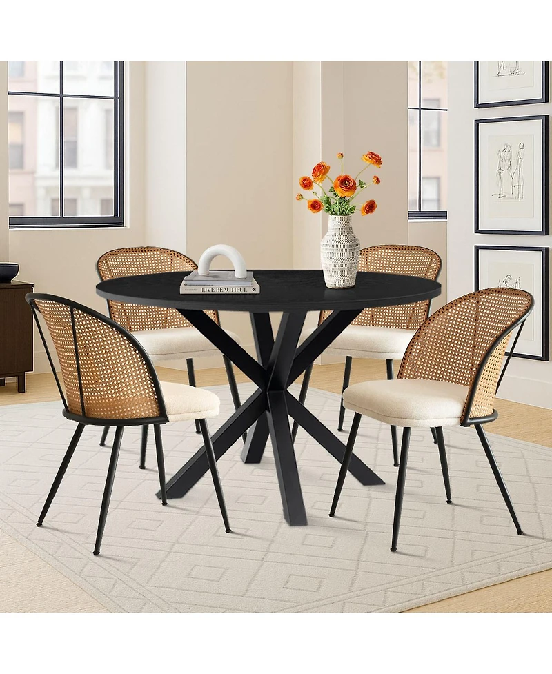 5-Piece 39.4" Round Black Dining Table Set with Starburst Base and 4 Faux Rattan Back Cushioned Chairs, Modern Look for Dining Room-Maison Boucle
