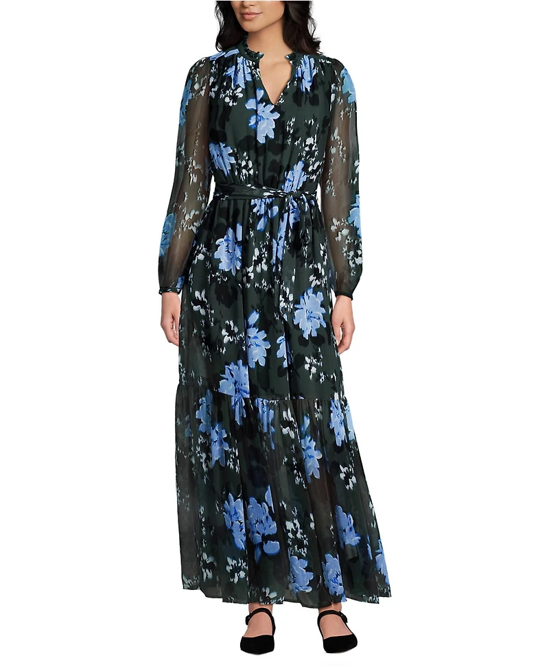 Lands' End Women's Chiffon Tiered Long Sleeve Maxi Dress