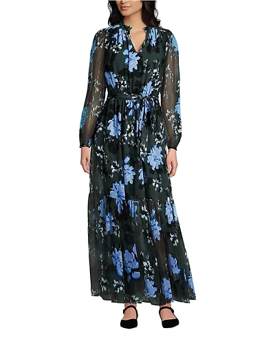 Lands' End Women's Chiffon Tiered Long Sleeve Maxi Dress