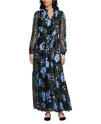 Lands' End Women's Chiffon Tiered Long Sleeve Maxi Dress