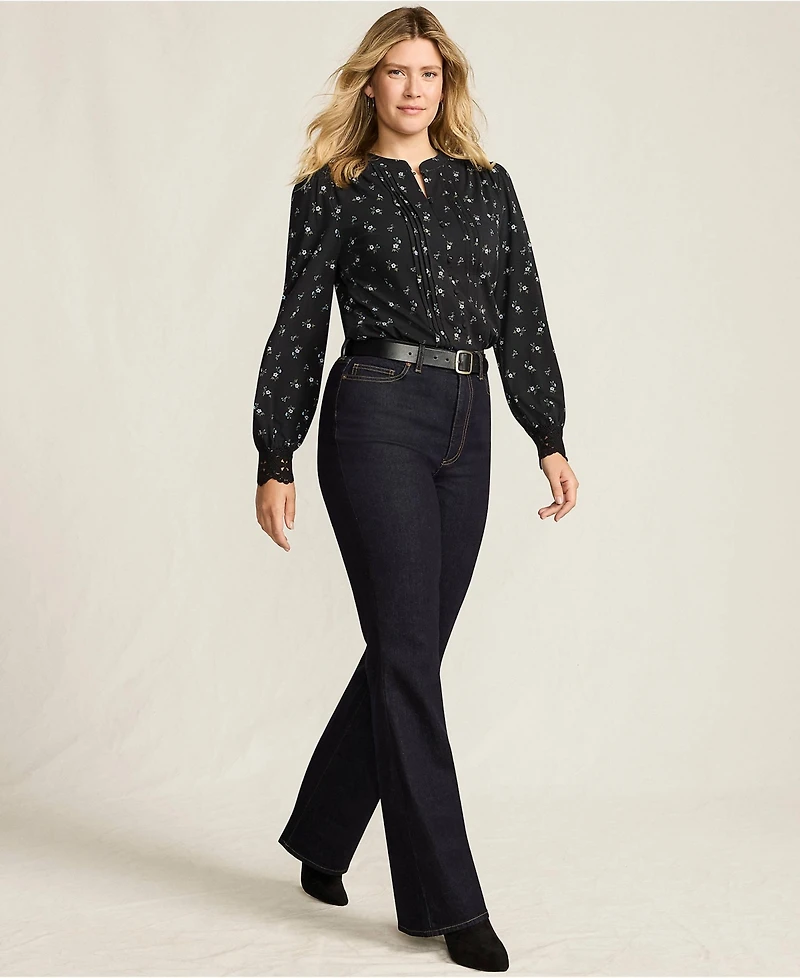 Lands' End Women's Lightweight Jersey Long Sleeve Button Front Pintuck Top