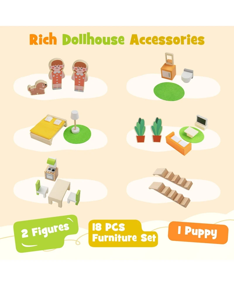 Sugift Wooden Dollhouse for Kids Modern Family Pretend Playhouse with Furniture Pieces and Figures