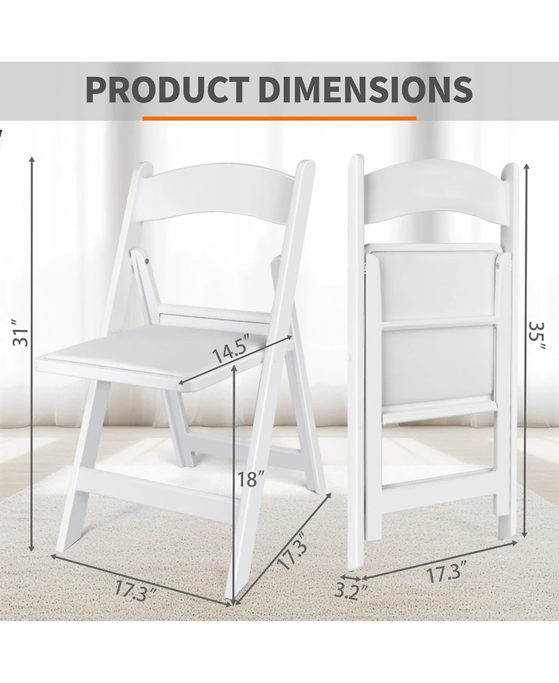 Sugift 4 Pack White Resin Folding Chairs with Padded Seats - Indoor/Outdoor