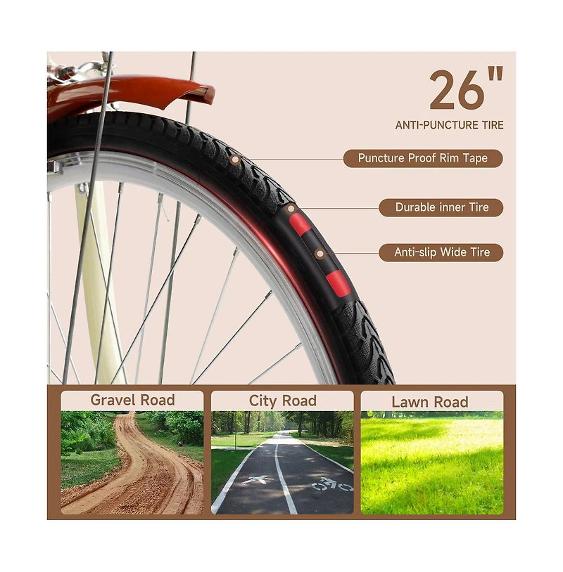 Artudatech 7 speed 26" Spoke Wheel Cruiser Bike Women Bicycle Girl's City
