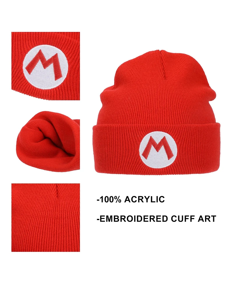 Super Mario Men's Embroidered M Logo On Red Cuff Beanie