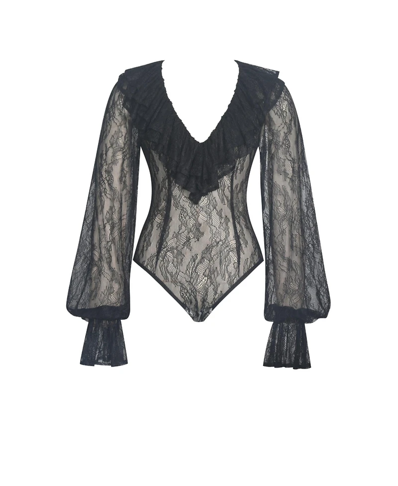 Miss Circle Women's Taliah Black Sheer Lace Ruffled Collar Bodysuit