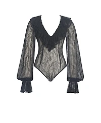 Miss Circle Women's Taliah Black Sheer Lace Ruffled Collar Bodysuit