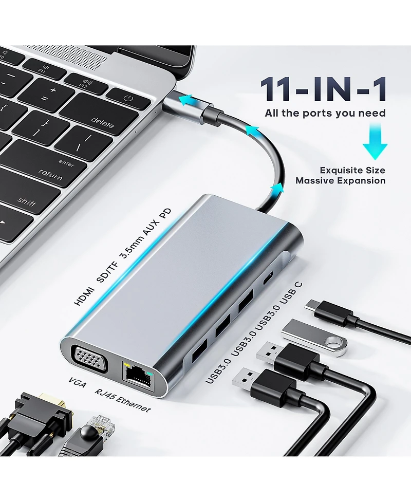 11-in-1 Usb-c Hub Multiport Adapter with 4K Hdmi, Vga, Pd & Ethernet