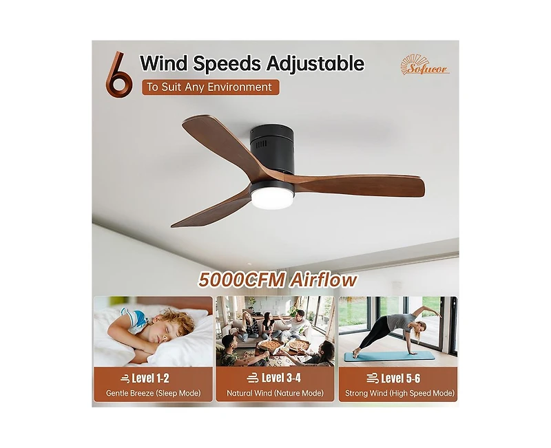 52-inch Modern Black 3 Solid Wood Blades Flush Mount Tri color Adjustable Ceiling Fan Light with Remote Control