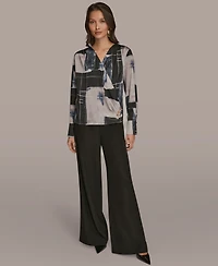 Donna Karan New York Women's Faux Wrap Long Sleeve V-Neck Top