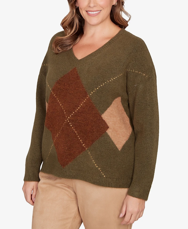 Hearts Of Palm Plus Size Argyle Long Sleeve V-Neck Sweater