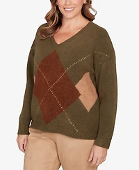 Hearts Of Palm Plus Size Argyle Long Sleeve V-Neck Sweater
