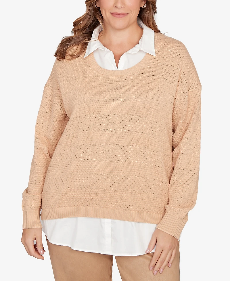 Hearts Of Palm Plus Solid Textured Stripe Two Fer Sweater