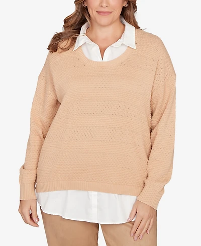 Hearts Of Palm Plus Solid Textured Stripe Two Fer Sweater