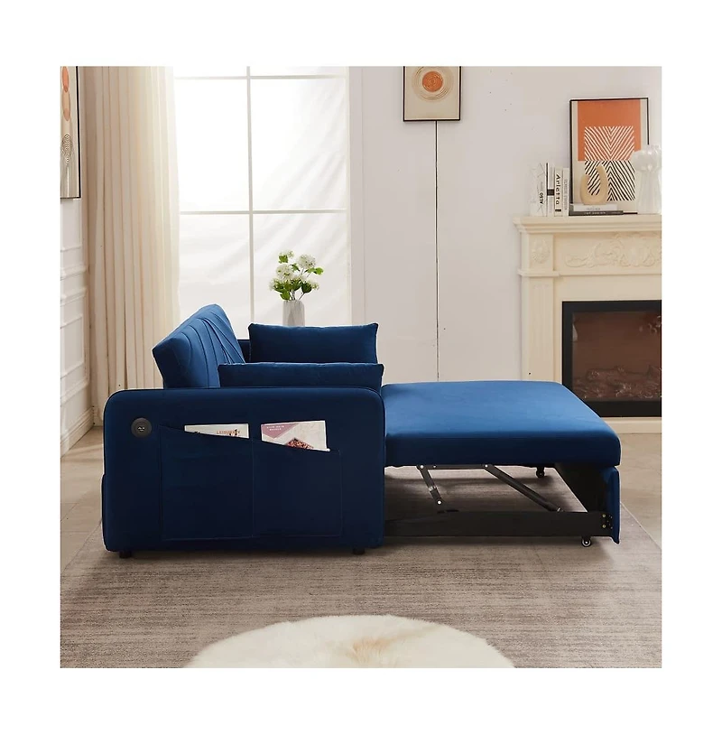 55'' Pull-Out Sleeper Sofa Bed with Usb Ports, Adjustable Backrest, Velvet 2-Seater Couch Side Pockets & Pillows-Maison Boucle