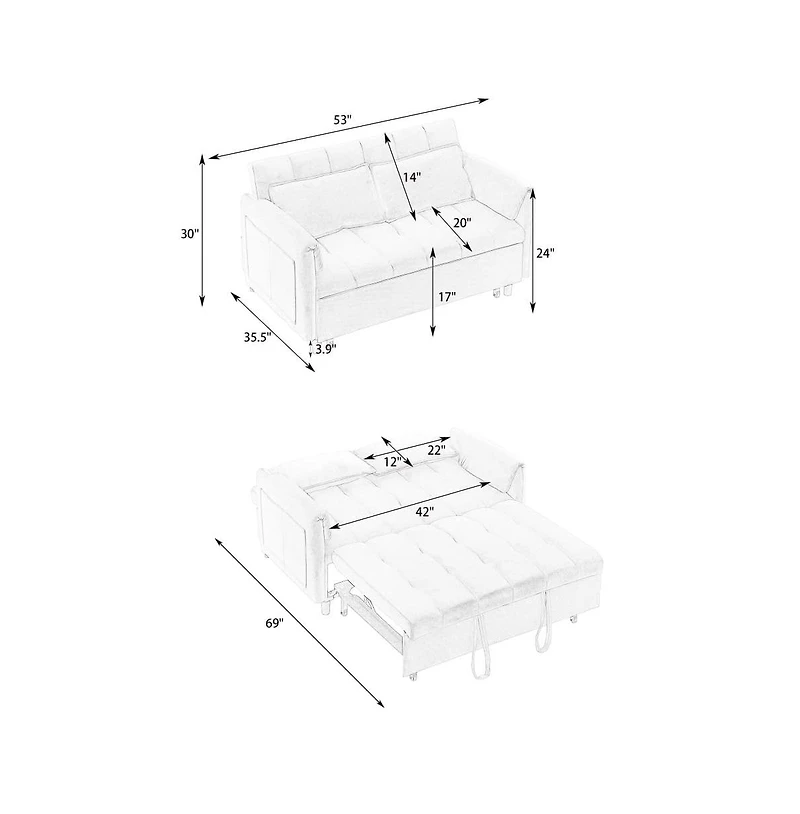 Maison Boucle 53" Pull-Out Sleeper Loveseat Sofa Bed, Convertible 3-in-1 Velvet Couch with Side Pockets & Back Support for Small Spaces-Maison Boucle