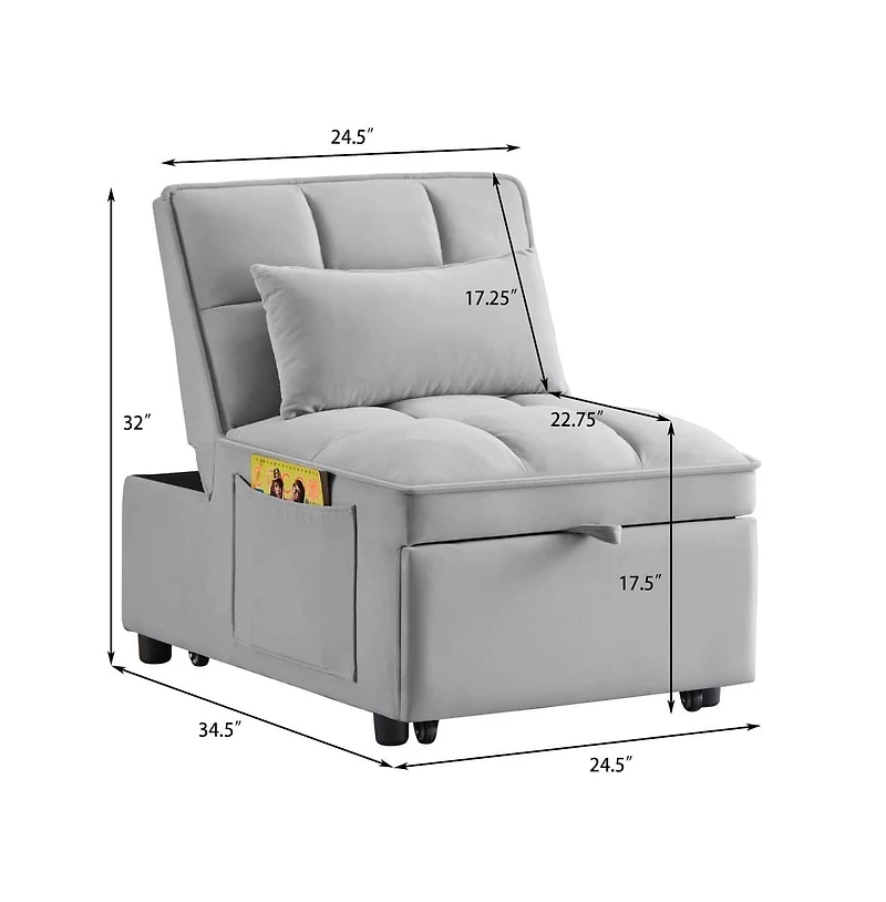 Maison Boucle 4-in-1 Single Velvet Pull-Out Sleeper Chair Bed with Adjustable Backrest, Side Pocket & Pillow for Small Spaces-Maison