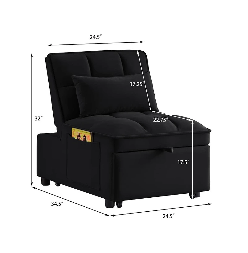 Maison Boucle 4-in-1 Single Velvet Pull-Out Sleeper Chair Bed with Adjustable Backrest, Side Pocket & Pillow for Small Spaces-Maison