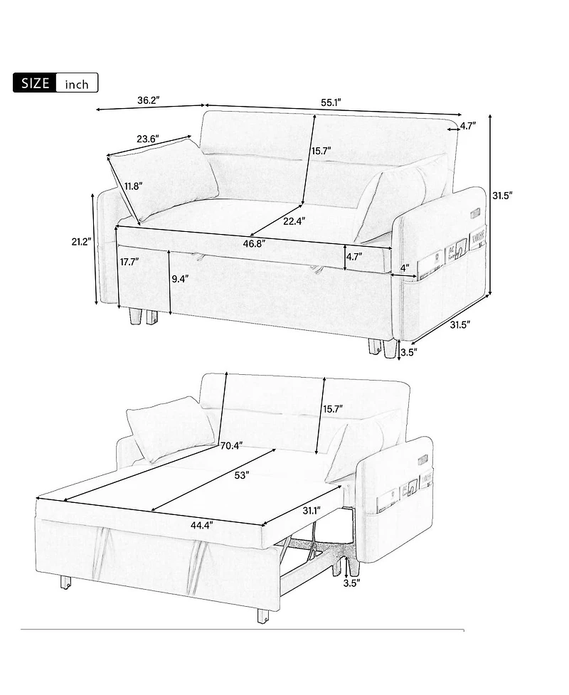 Maison Boucle 55" Convertible Sleeper Loveseat, Pull-Out Sofa Bed with Adjustable Back, Usb A/C Ports & Side Pockets for Small Living Spaces-Maison Bo