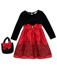 Rare Editions Girls 2T-6X 2-Piece Mini Bag and Long-Sleeve Jewel Bow Dress Set