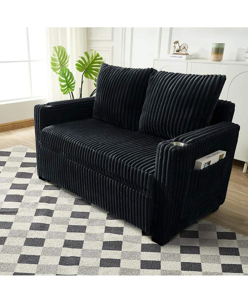 Maison Boucle Modern Corduroy Sofa Bed with Adjustable Backrest, Usb Charging, Pull-Out Sleeper, Cup Holders & Storage-Maison
