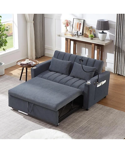 Maison Boucle 55.9" Pull Out Sofa Bed with Usb Ports, Cup Holders & Side Pockets, Adjustable Backrest Convertible Sleeper for Small Spaces-Maison Bouc