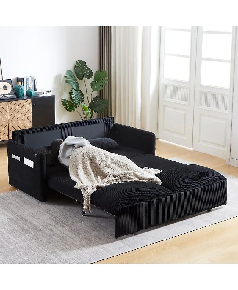 Maison Boucle 64.5 Inch 3-in-1 Corduroy Pull-Out Sleeper Sofa, Adjustable Loveseat Bed with Storage Pockets & 2 Pillows-Maison