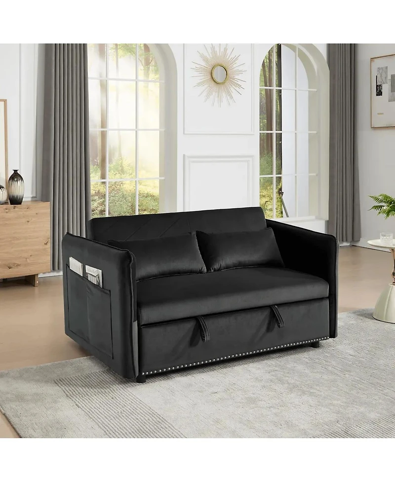 Maison Boucle 55" Velvet Sleeper Sofa Bed, Small Pull-Out Loveseat with Reclining Backrest, Side Pocket & Pillows for Spaces-Maison