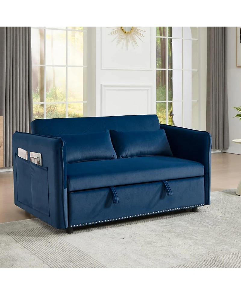 Maison Boucle 55" Velvet Sleeper Sofa Bed, Small Pull-Out Loveseat with Reclining Backrest, Side Pocket & Pillows for Spaces-Maison