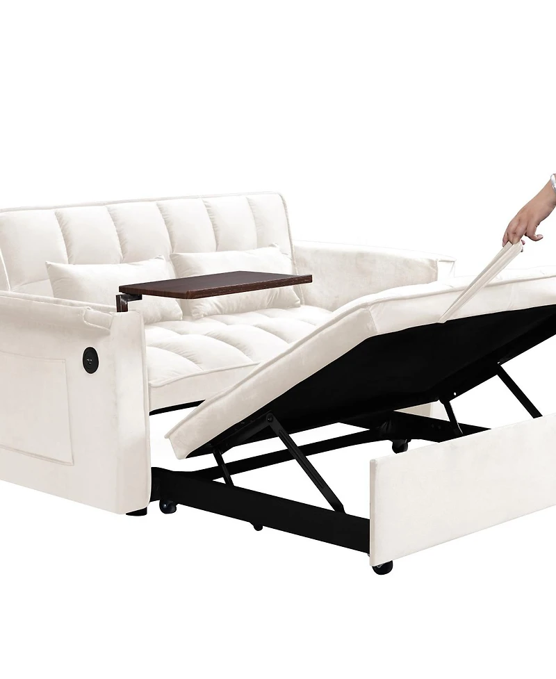 Maison Boucle 55.5'' Foldable Velvet Sofa Bed with Hidden Desk & Usb, Adjustable Sleeper Loveseat with Pillows for Small Spaces-Maison Boucle