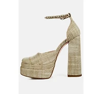 Cosette Diamante Embellished Ankle Strap High Block Heel Sandals Off White