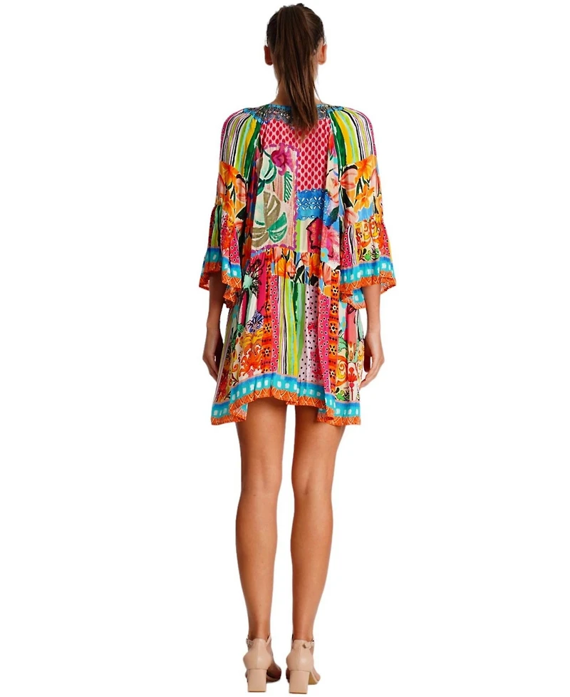 La Moda Clothing Women's Multicolor Mini Dress with Side Asymmetrical Hem and Beaded Neckline