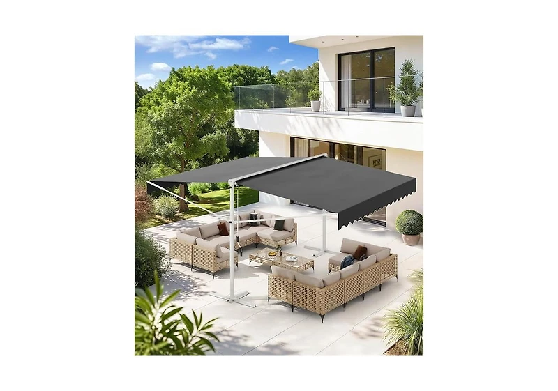 Aecojoy Free Standing Retractable Awning, 10'x10' Dual Side Patio Awnings Outdoor Manual Sun Shade Shelte