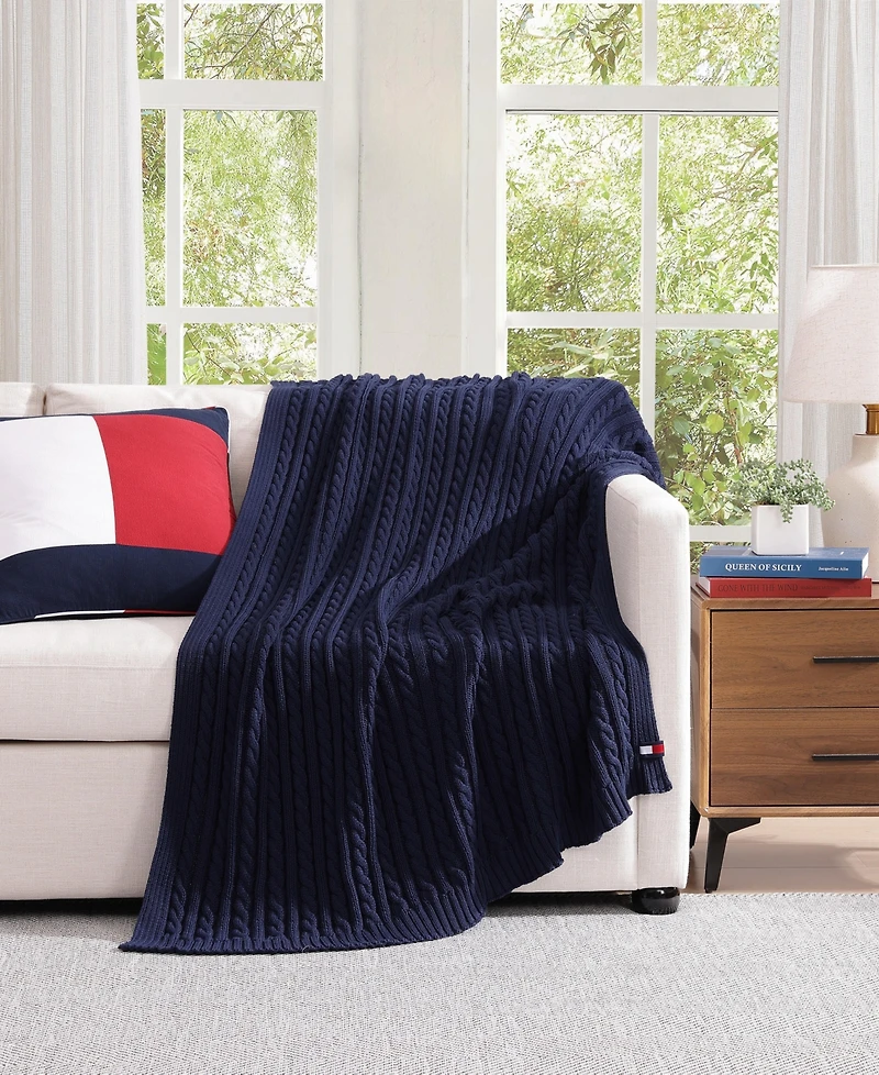 Tommy Hilfiger Solid Cotton Cable Knit Throw Blanket, 70" x 50"