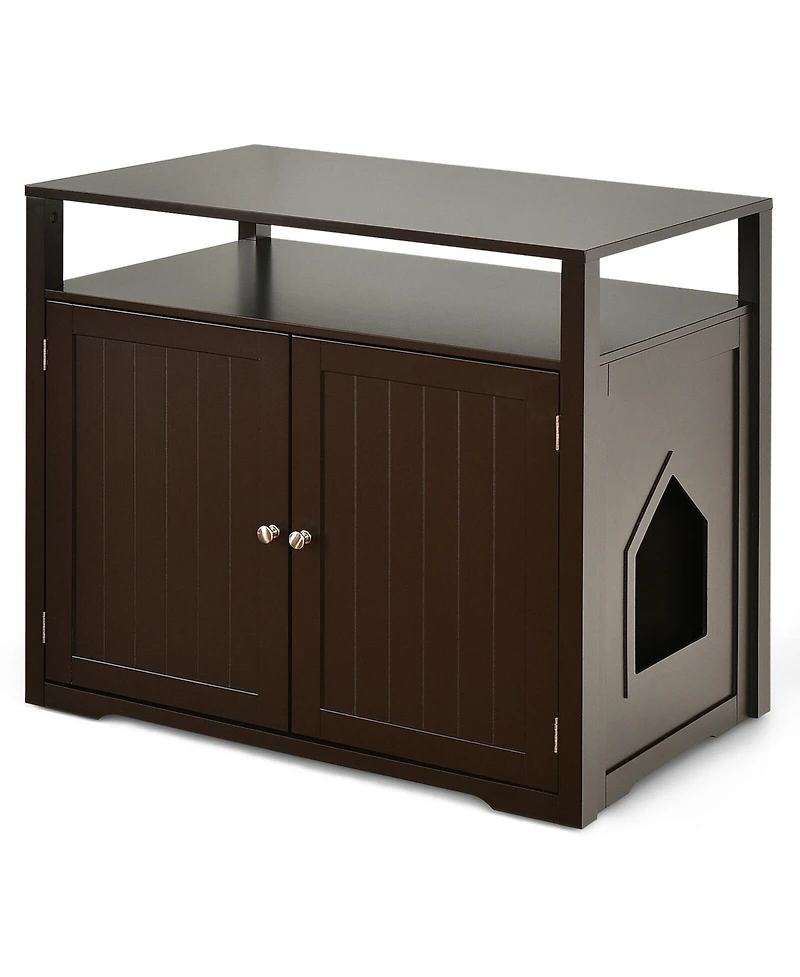 Gymax Wooden Cat Litter Box Enclosure Hidden Washroom w/ Storage Layer